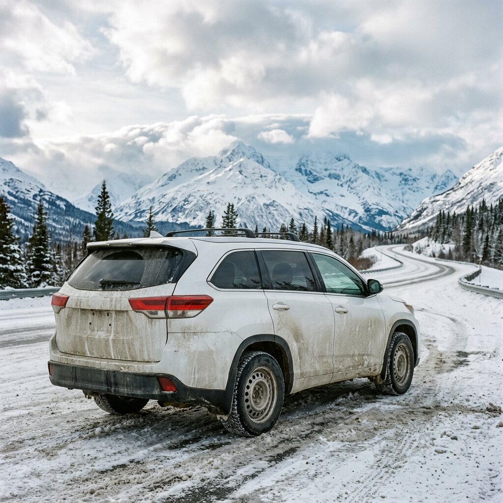 White SUV covered in winter road salt on a snowy Alaskan highway