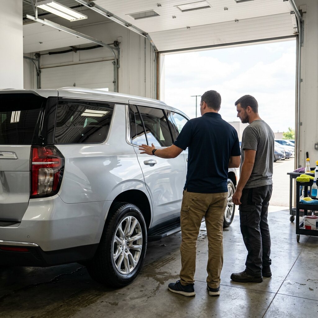 Detailer explaining results to a vehicle owner beside a clean SUV