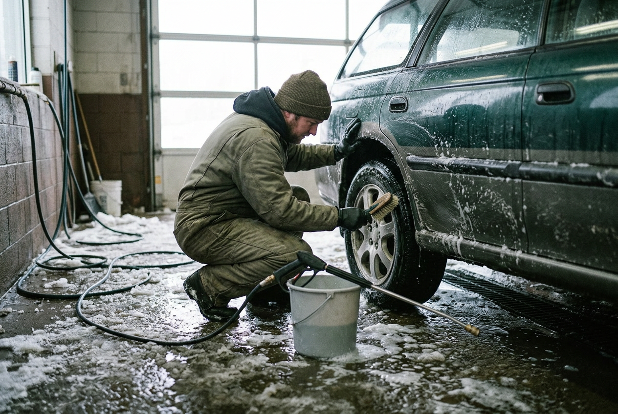 Removing winter road salt and grime from a vehicle during an Alaska maintenance service
