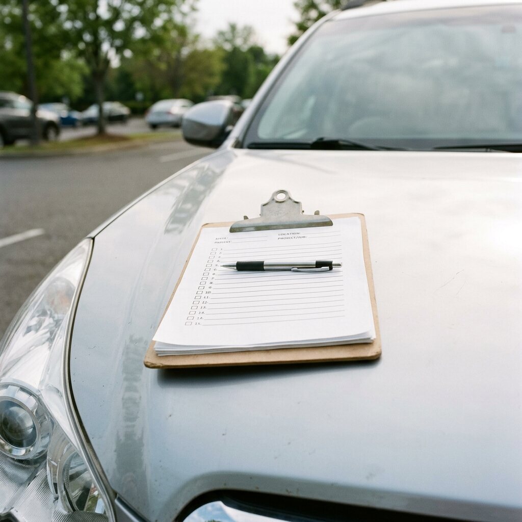 Blank detailing checklist on a clipboard resting on a car hood