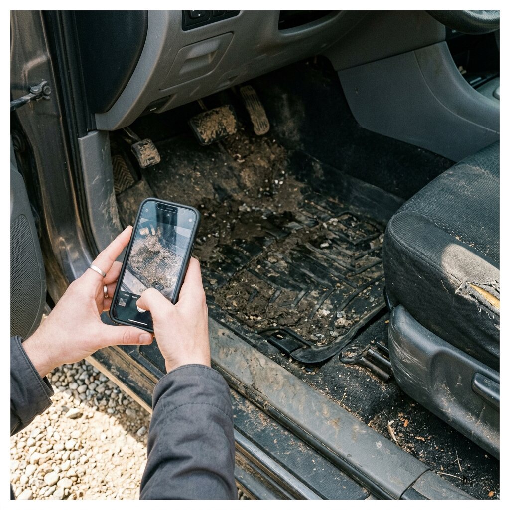 Phone photographing a muddy vehicle floor mat to document its condition