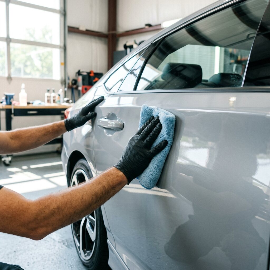 Detailer hand-polishing a silver car door panel in a bright shop