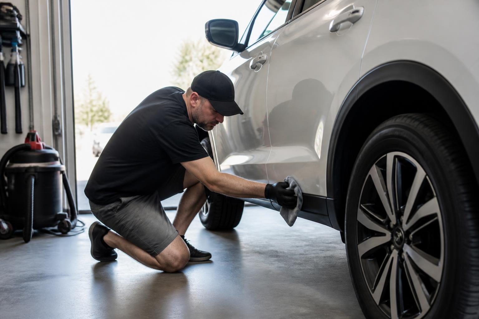 Detailer detailing the lower body panel of a white SUV in a bright shop bay
