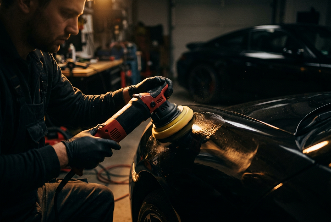 Careful polishing work on a dark vehicle panel in a controlled shop