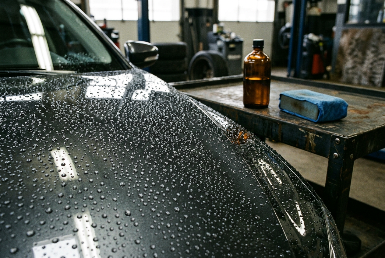 Applying ceramic coating to prepared vehicle paint in a controlled shop environment
