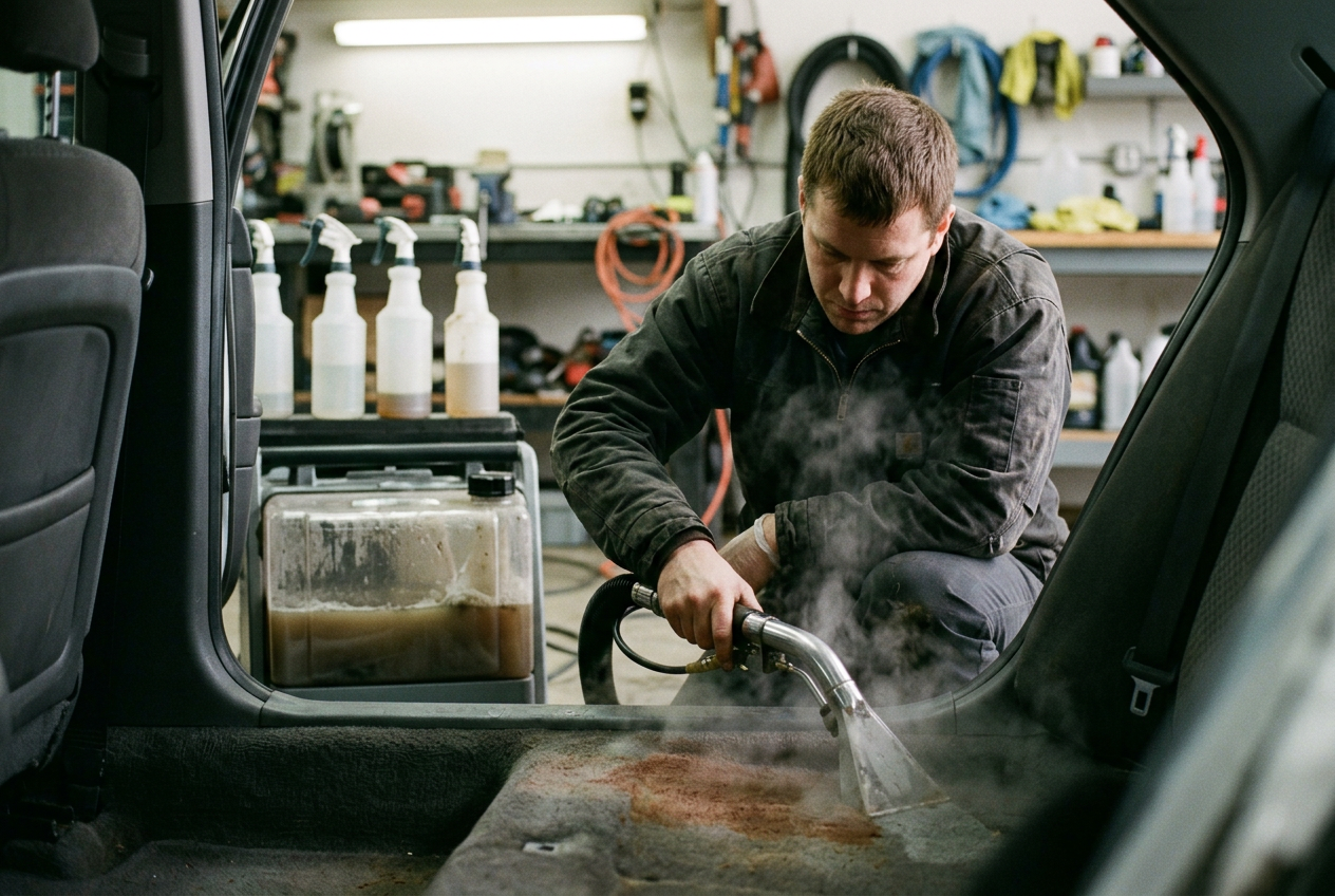 Ozone odor treatment and stain extraction inside a vehicle cabin