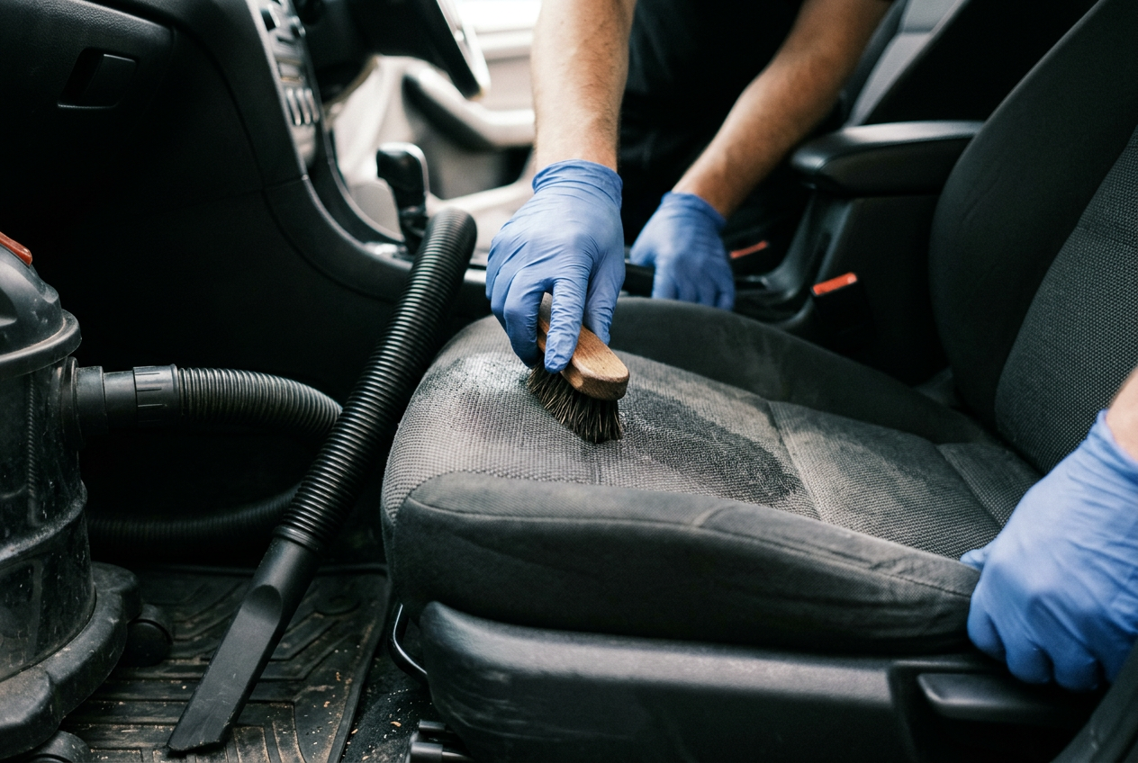 Interior deep cleaning with hot-water extraction on vehicle carpet and seats