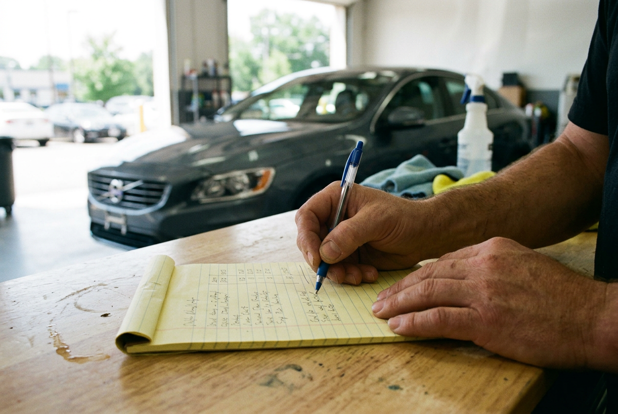 Detailer writing an estimate on a notepad in a bright shop