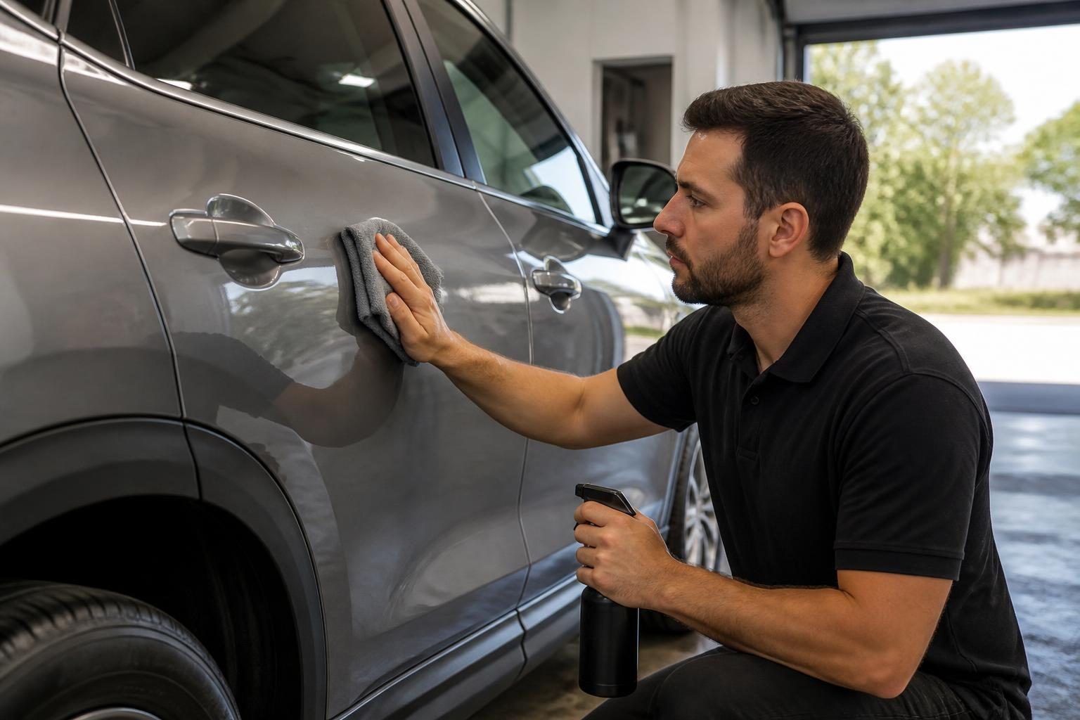 Detailer hand-polishing the door panel of a gray SUV in a bright Anchorage detailing bay