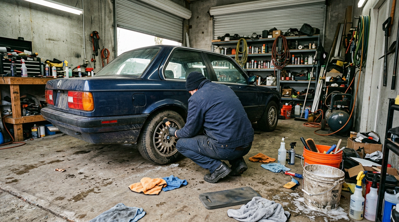 Detailer inspecting freshly polished paint with an inspection light inside an Anchorage detailing shop