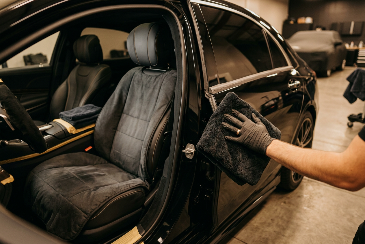 Seat covers and microfiber towels protecting a vehicle interior during service