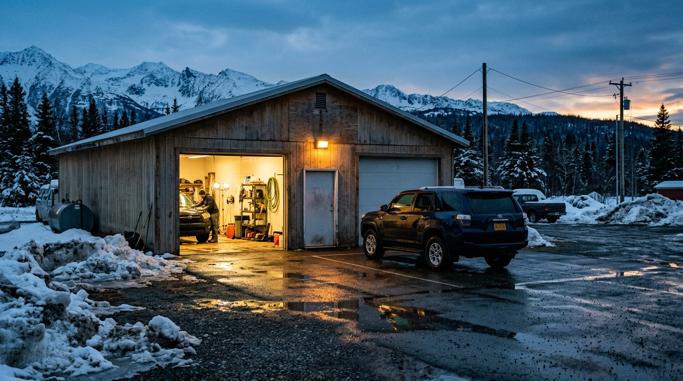 Open detailing shop bay at dusk with a clean pickup truck inside and Alaskan mountains beyond