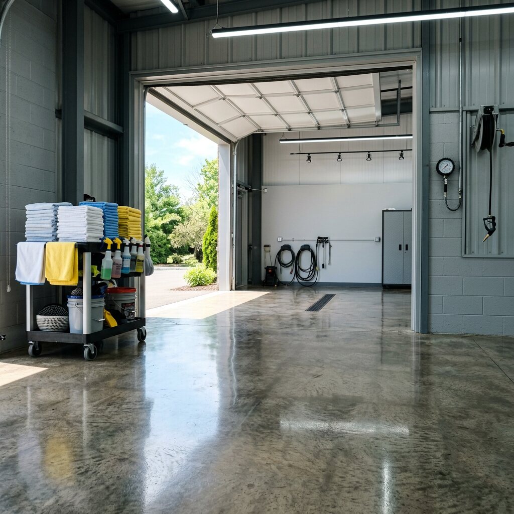 Clean, bright detailing bay ready for the next booked vehicle