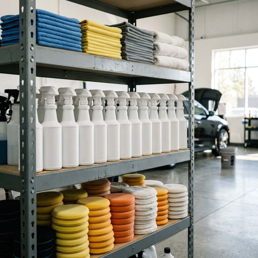 Shelves of professional detailing supplies, towels and polishing pads