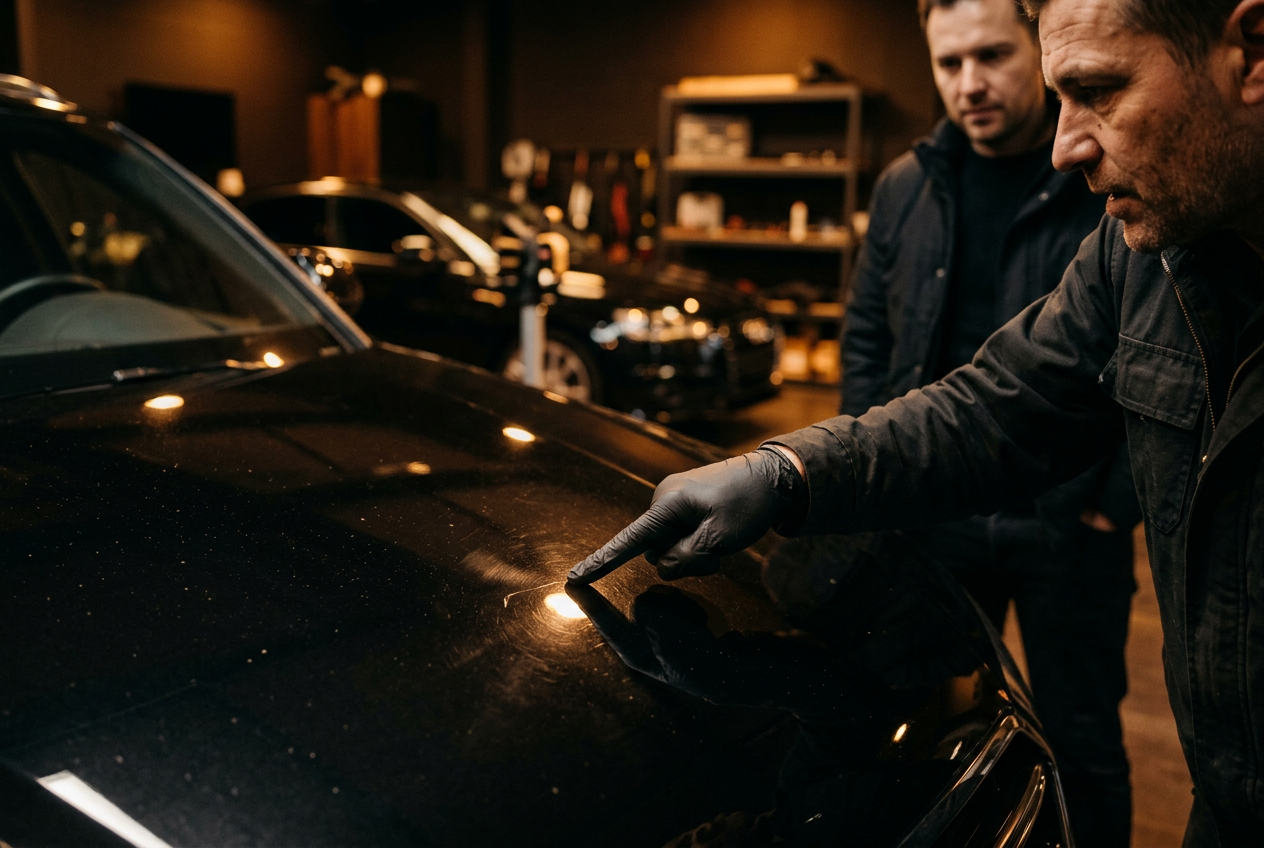 Detailer inspecting paint condition before recommending a service
