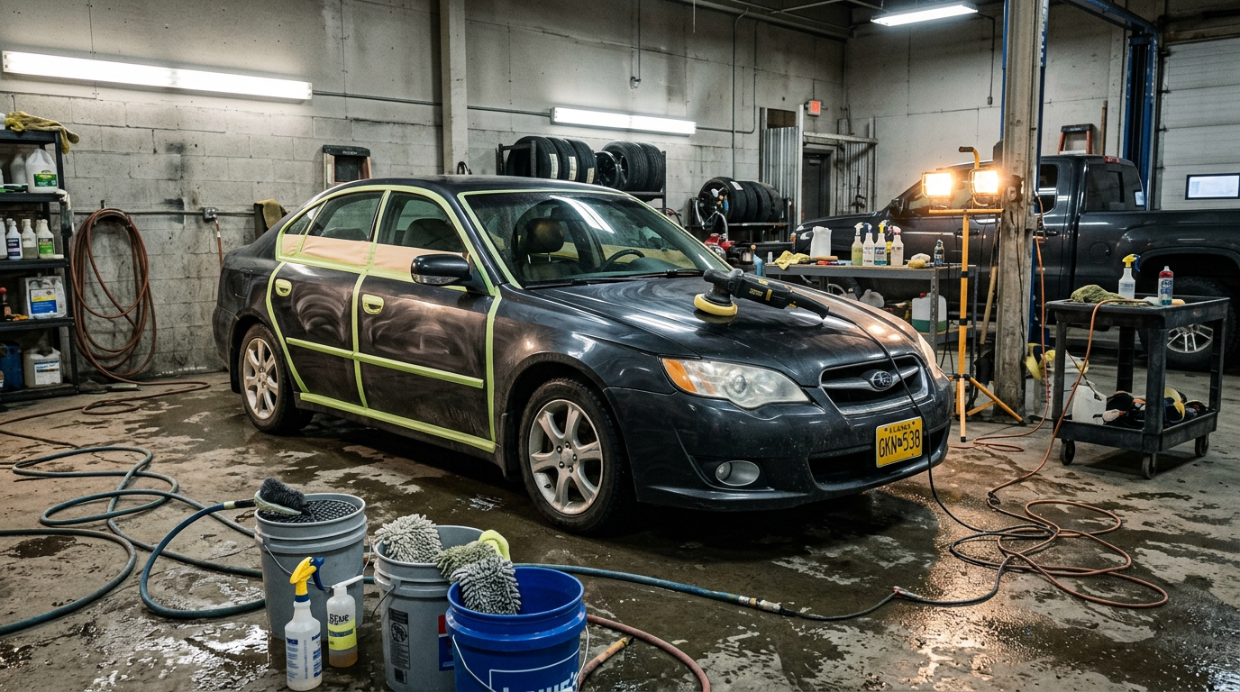 Row of freshly detailed vehicles under warm lighting inside a premium Anchorage detailing studio