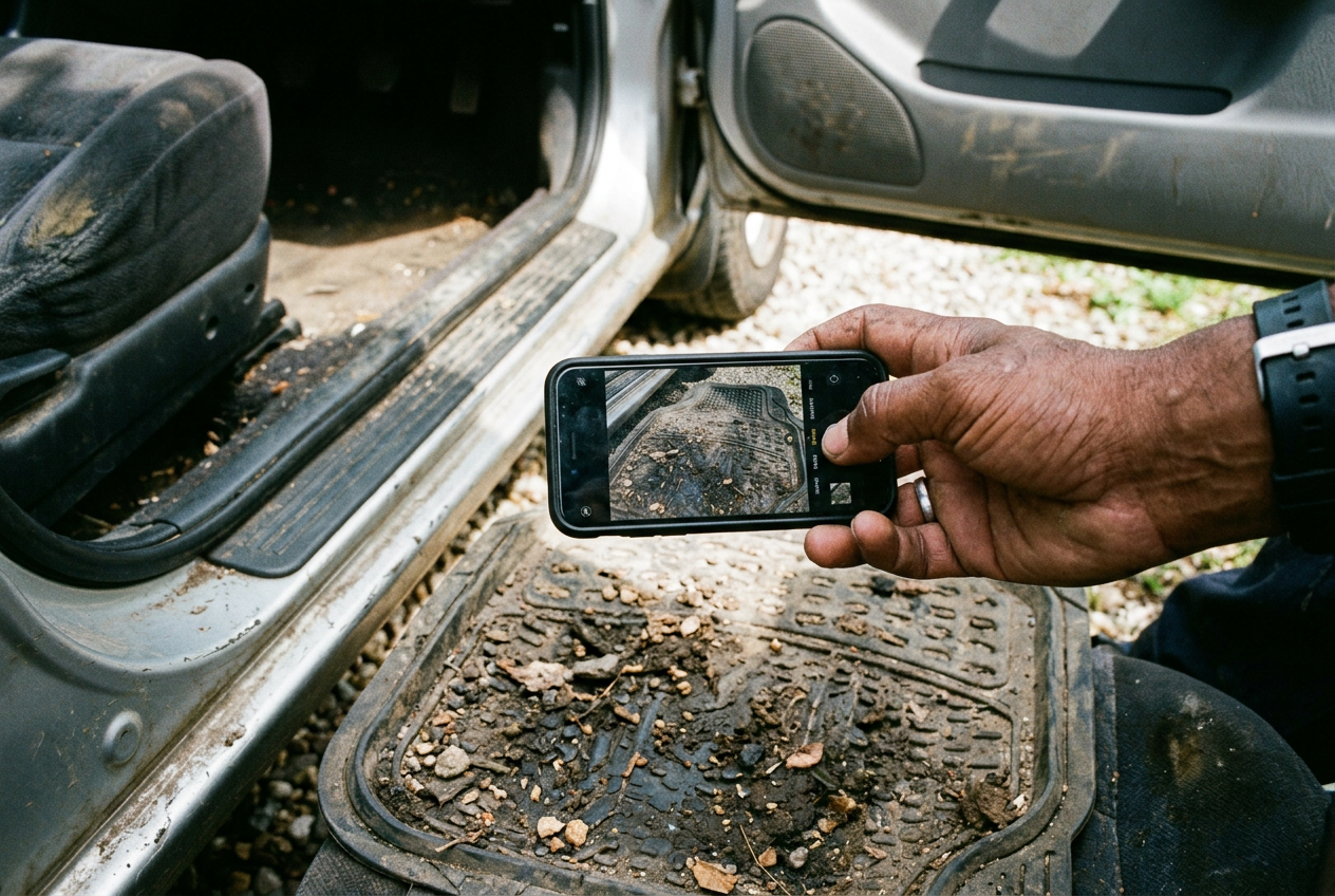 Phone photographing a soiled vehicle interior to document its condition
