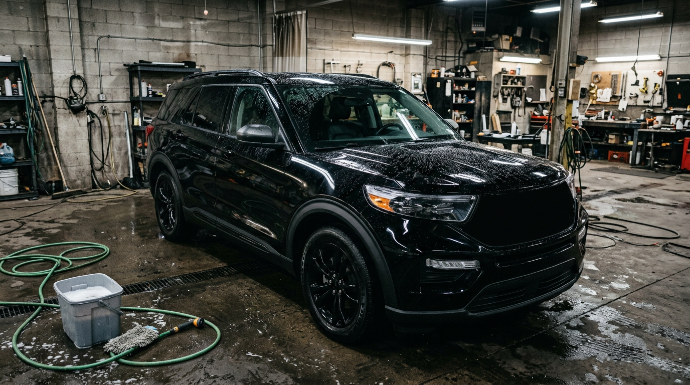 Premium automotive detailing studio with a glossy black luxury SUV under dramatic lighting