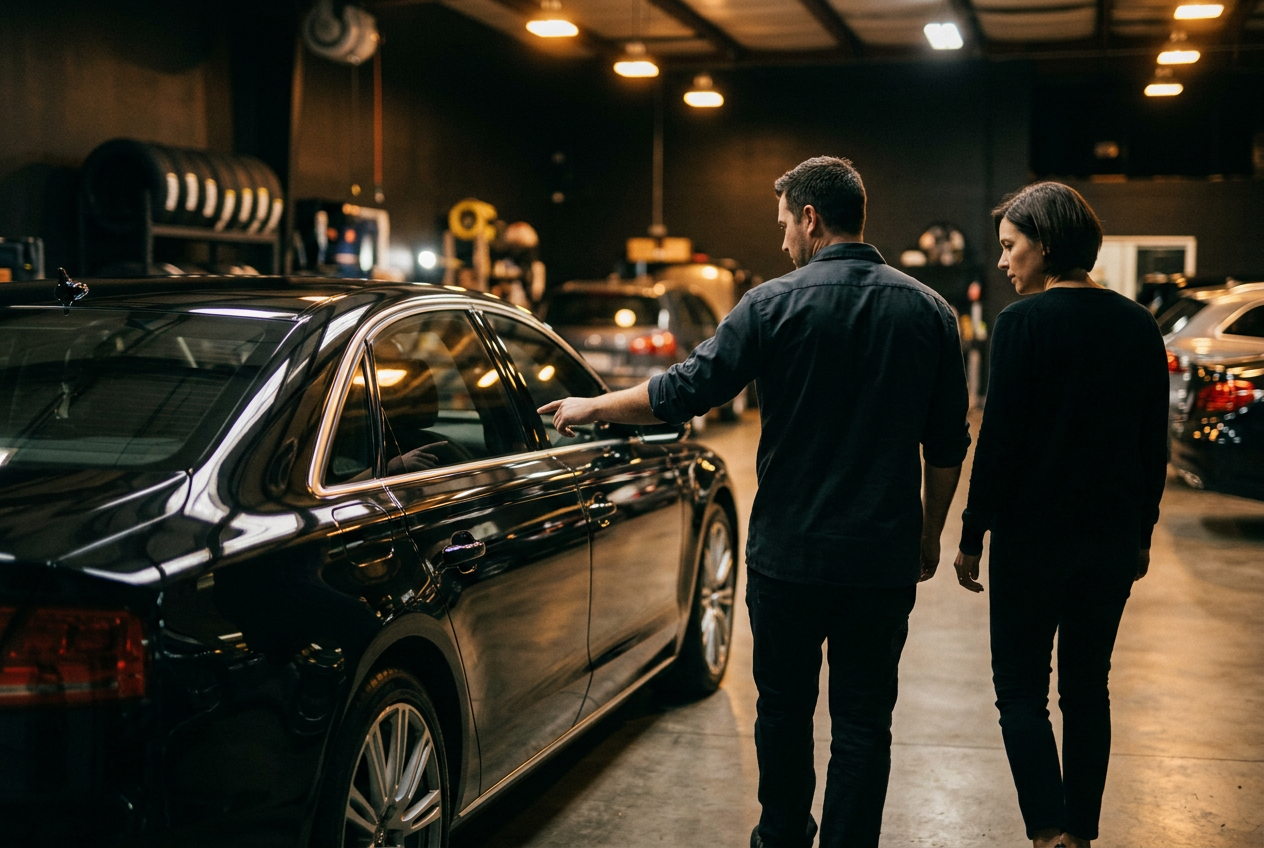 Detailer walking a customer through the results of the work