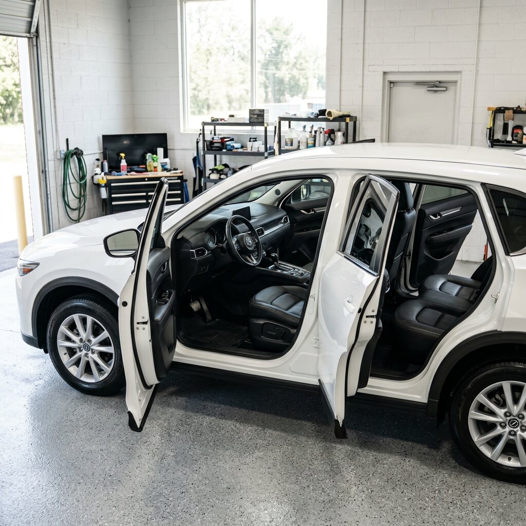 Freshly detailed white SUV with doors open in a bright shop bay
