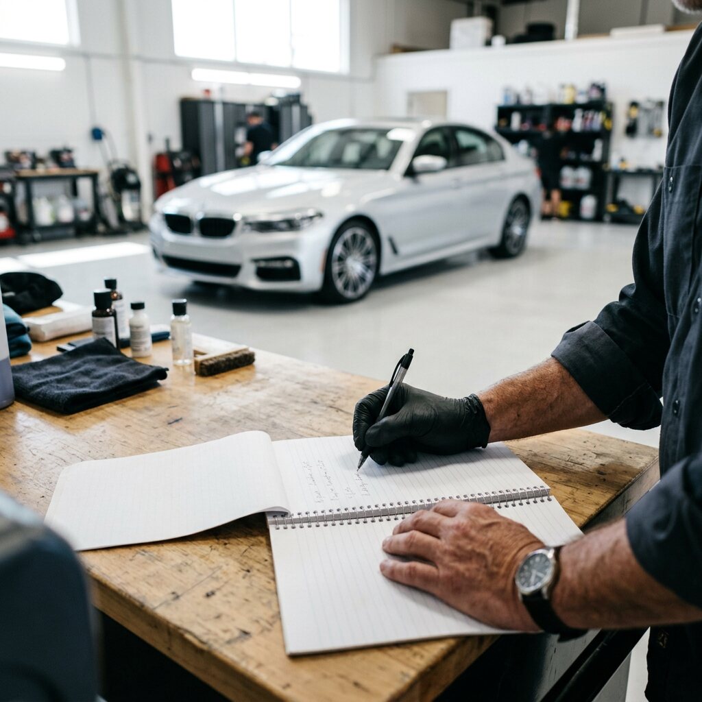 Detailer writing an estimate on a notepad in a bright shop