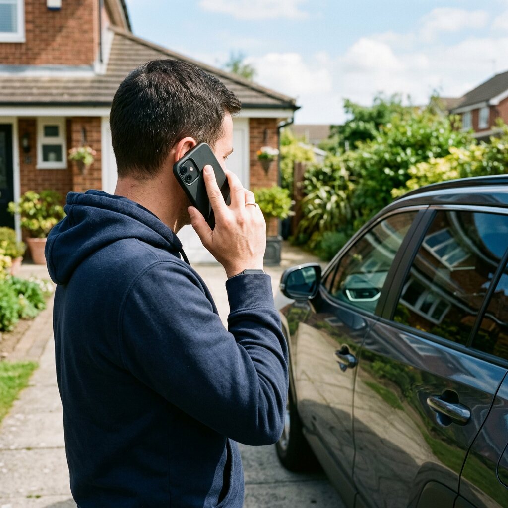 Vehicle owner calling a detailer from their driveway in daylight